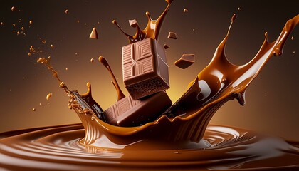 Wall Mural - Pieces of chocolate bars falling into melted chocolate.
