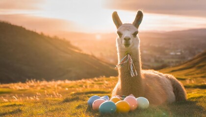 Wall Mural - easter lama with eggs