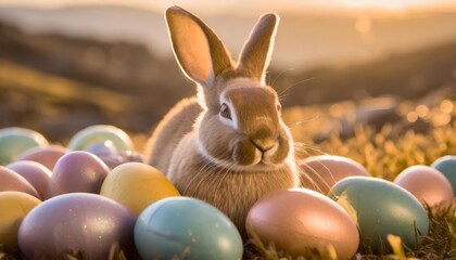 Poster - easter bunny on a pile of colourful easter eggs