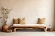 Wood Log Bench, Beige Cushions, Rustic Living Room Interior Design, Stucco Wall Copy Space