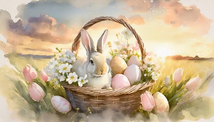 Poster - easter basket with bunny eggs and flowers watercolor