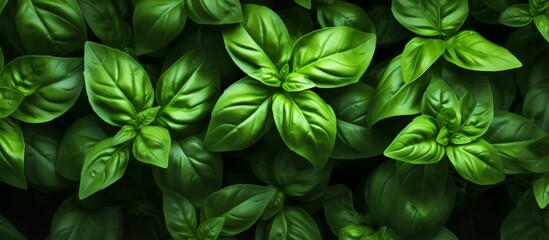 Wall Mural - A closeup of green basil leaves, a terrestrial plant commonly used as an ingredient in cooking. It is a flowering plant and can also be used as a groundcover or shrub