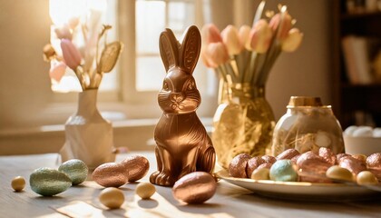 Poster - chocolate easter bunny painted eggs and sweets on table