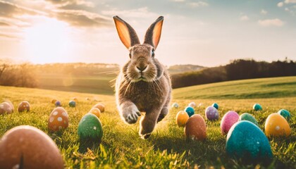 joyful running easter bunny with colorful eggs