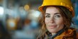 Woman in hard hat and work vest smirking at construction site, generated by artificial intelligence. Concept Construction Worker, Smirking Expression, Hard Hat, Work Vest, Artificial Intelligence