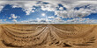 360 hdri panorama view on no traffic gravel dirt muddy road among fields in spring day with beautiful clouds in blue sky  in equirectangular full seamless spherical projection, ready for VR AR