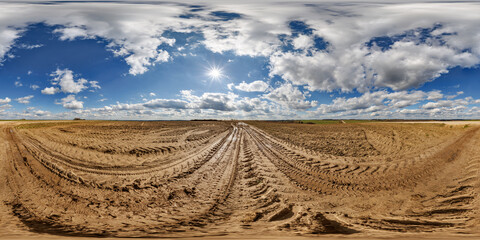Wall Mural - 360 hdri panorama view on no traffic gravel dirt muddy road among fields in spring day with beautifu