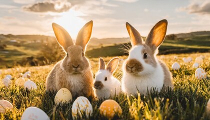 Poster - bunny family with easter eggs on spring meadow