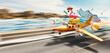 Orange airplane with luggage and beach accessories in a rush for summer vacation. Summer travel concept background. 3D Rendering, 3D Illustration