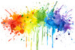 Rainbow watercolor splatter explosion on white background.