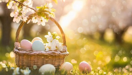 Wall Mural - spring easter decoration colorful eggs in a basket in spring sunny blooming cherry orchard beautiful natural easter banner with copy space