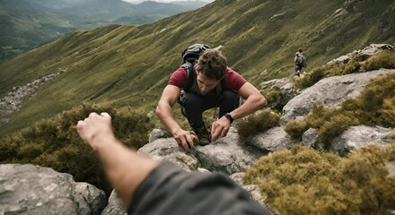 Wall Mural - Hikers at the top of the mountain.