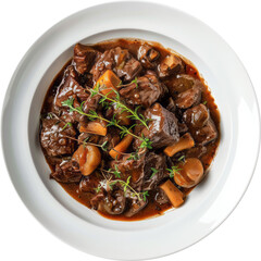 Beef stew with carrots and herbs in white bowl cut out on transparent background