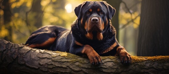 Canvas Print - A Rottweiler, a carnivorous terrestrial animal and dog breed, is resting on a tree branch in the woods, surrounded by grass and wildlife, looking bored