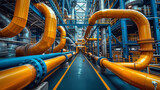 Fototapeta Natura - A weave of yellow and blue industrial pipes set against the backdrop of a vividly colored manufacturing plant
