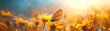 A serene butterfly delicately lands on vivid yellow blossoms complemented by a dreamy blue background, symbolizing renewal