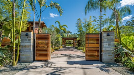 Wall Mural - A main gate crafted from sustainable materials such as bamboo or reclaimed wood, showcasing the homeowners' commitment to eco-friendly living and contemporary design in