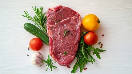 Top view of raw steak with vegetables and greens on white wooden table, high angle shot