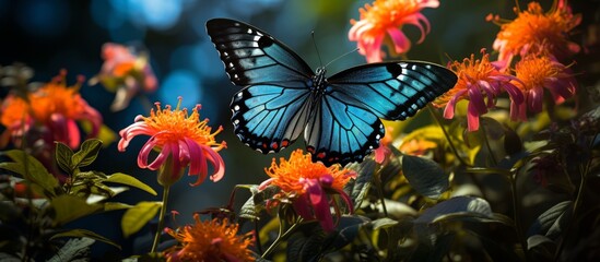 Canvas Print - A blue butterfly, a pollinator, rests on a flower in a garden. Moths and butterflies like this arthropod play a crucial role in pollinating flowering plants in natural landscapes