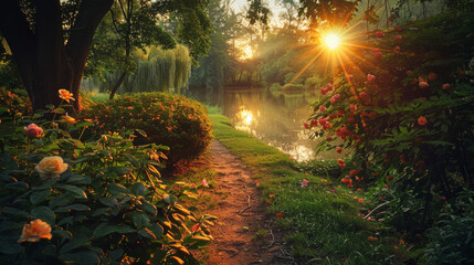 A tranquil sunset casting golden light on pathway through lush garden near reflective pond