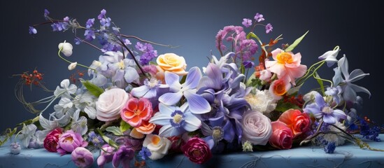 Wall Mural - A beautiful arrangement of vibrant flowers, including roses and violets, in a vase on a table, showcasing the art of flower arranging at a special event