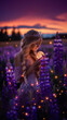 A blonde girl holding a moon in her hands and standing among a blooming purple lupine field with lights and fireflies. A magical night portrait.