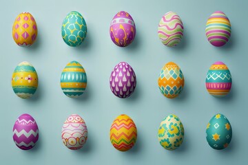 Vibrant illustrations of decorated Easter Eggs in various patterns and designs,