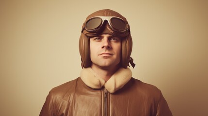 photo Stoic pilot in retro aviation jacket and 1940s goggles on beige background, old film effect --ar 16:9 --quality 0.5 --stylize 0 --v 5.2 Job ID: e0b428a4-67cc-42d5-bbed-343d29754899