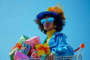 female dressed in blue woman near shopping cart with lo 9536ec65-23e2-4695-8875-77ca29f627cc