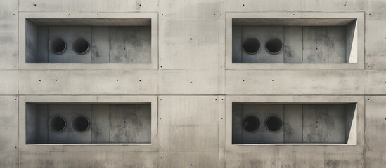 Sticker - A closeup of a concrete wall with four circular holes, exhibiting a mix of symmetry and pattern in the buildings facade design