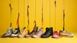 comparative background, where old shabby shoes from the 80s weigh in one row on a rope with clothespins in bright spilled colors on a yellow background --ar 16:9 --quality 0.5 --v 5.2 Job ID: 2ad2780e