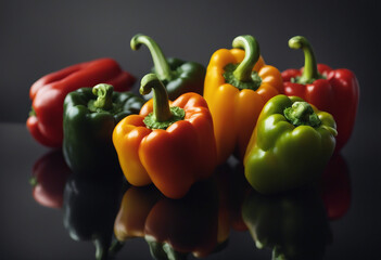 Wall Mural - Group of bell peppers on black reflective background