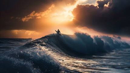 Wall Mural - This striking image captures a lone surfer on a towering wave, with a dramatic and moody sky overhead, setting a scene of determination