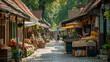 A serene marketplace nestled among lush green trees, with vendors selling fresh goods and local delicacies