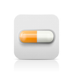 Wall Mural - Vector Realistic Orange and White Pharmaceutical Medical Pill, Vitamins, Capsule in Blister Closeup Isolated. Pill in Blister Packaging Design Template. Front View. Medicine, Health Concept