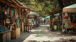 A warm, sunlit view of a market alley lined with wooden stalls selling diverse artisanal goods