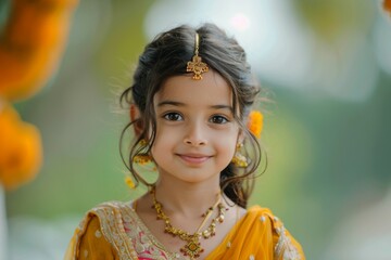 A young girl wearing a yellow dress and a gold necklace with a gold flower on it