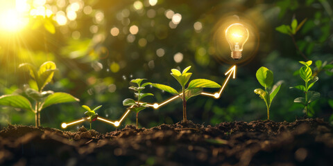 green plants and trees growing in the soil, with an arrow pointing upwards on top