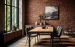 photo of a neat, simple, aesthetic and elegant family room with red brick walls