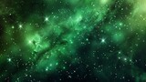 Fototapeta Kosmos - A space background features a realistic green cosmos backdrop with a starry nebula and stardust, complemented by shining stars in a color galaxy