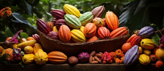 Sticker - A vibrant display of natural foods in a basket, including colorful fruits and vegetables, placed on a table as a centerpiece at an event