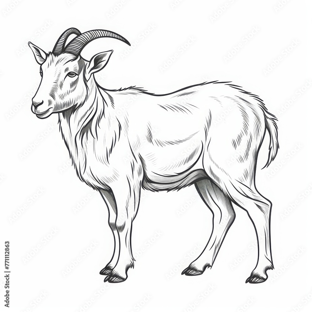 vector illustration line art goat side view on a solid white background ...