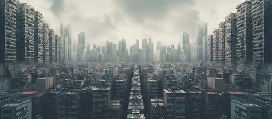 An aerial perspective of a cityscape filled with skyscrapers and tower blocks under a cloudy sky, creating a dramatic atmosphere in the urban landscape