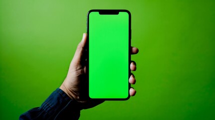 A person holding a phone with green screen on it,.copy space,mockup