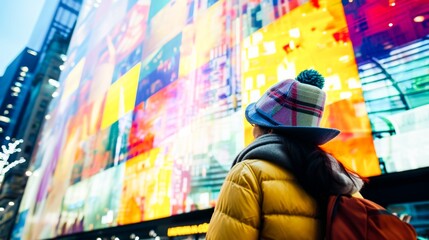 A woman in a hat and a yellow jacket is standing on the street.