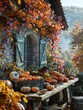 Rustic Autumn Harvest with Assorted Squash and Blender on Rural Table