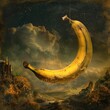 A surrealistic scene of a banana moon hanging in a velvet night sky illuminating a dreamy landscape