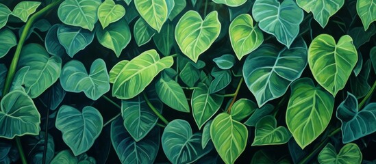 Canvas Print - An artwork featuring green leaves of terrestrial plants on a dark background, creating a lush and vibrant pattern inspired by nature and plant life