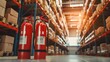 apparatus for fire safety. Inside the warehouse, a large red fire extinguisher. Large fire extinguisher in storage room. Storage shelves with boxes in the distance. Flame-retarding apparatus.