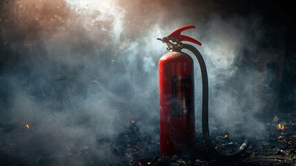 Wall Mural - Concept of fire safety. Old fire extinguisher with light on a dark, foggy background. discerning attention